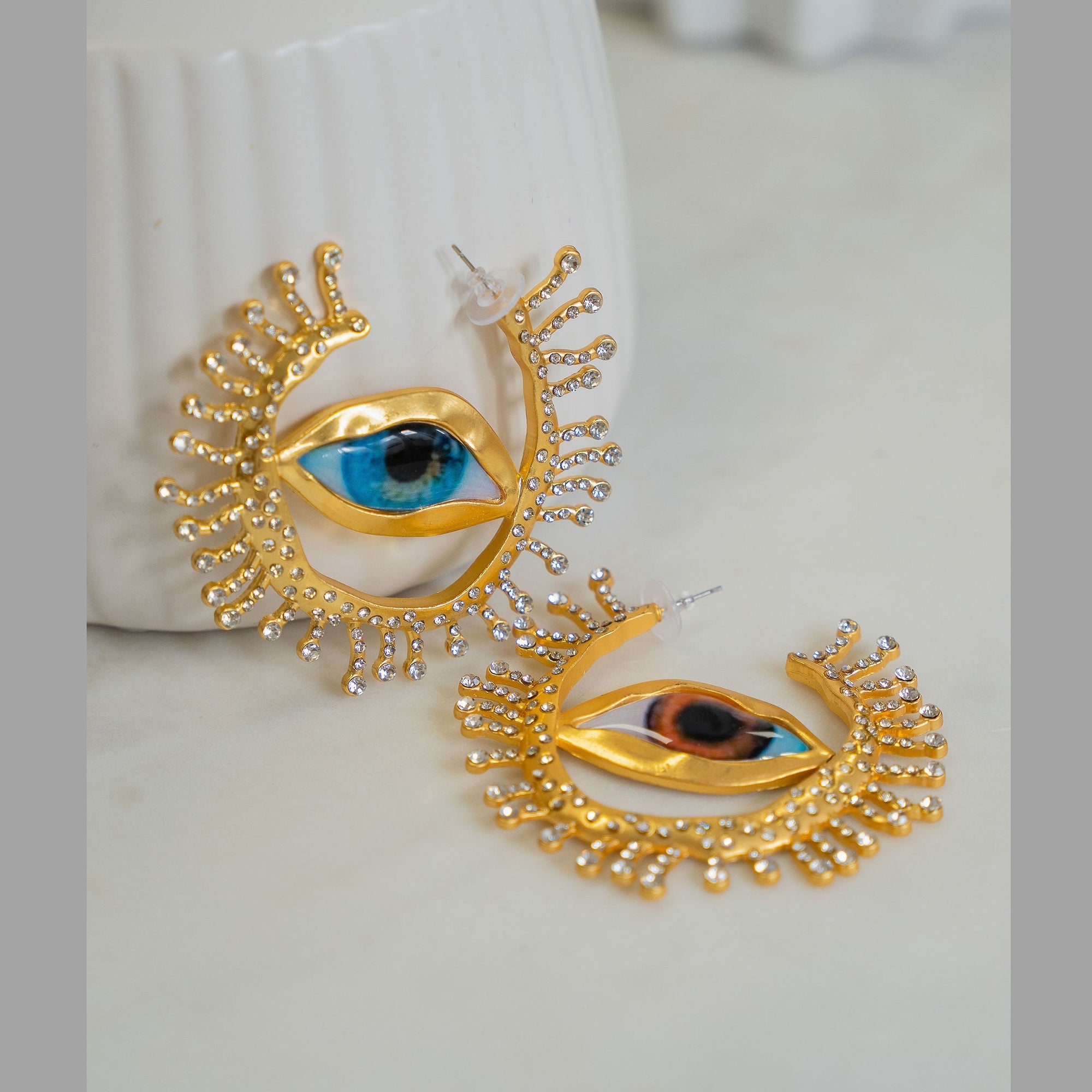 Evil Eye Sun Blue Brown Mismatch Color 18K Gold Cubic Zirconia Statement Hoop Earring For Women