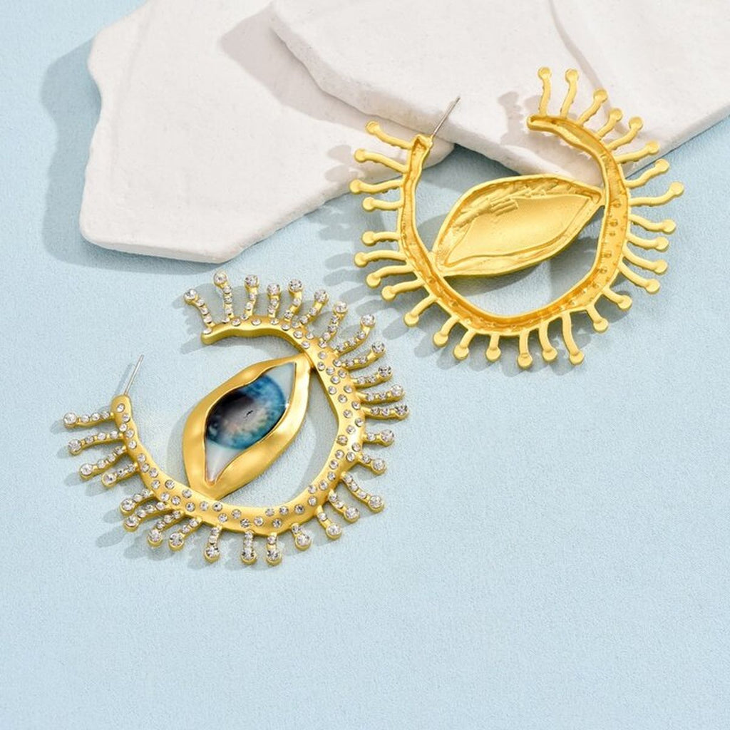 Evil Eye Sun Blue Brown Mismatch Color 18K Gold Cubic Zirconia Statement Hoop Earring For Women