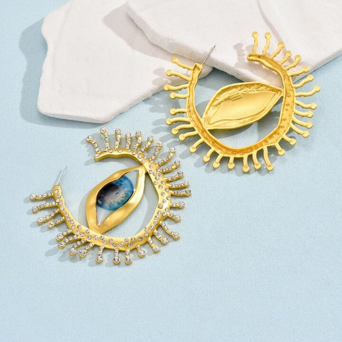 Evil Eye Sun Blue Brown Mismatch Color 18K Gold Cubic Zirconia Statement Hoop Earring For Women
