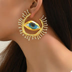 Evil Eye Sun Blue Brown Mismatch Color 18K Gold Cubic Zirconia Statement Hoop Earring For Women