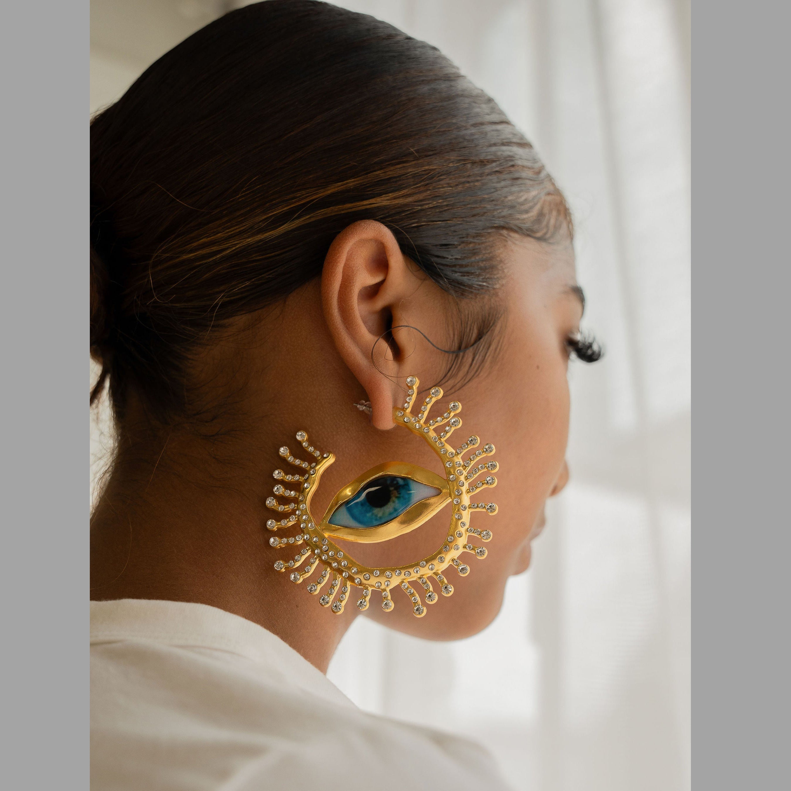 Evil Eye Sun Blue Brown Mismatch Color 18K Gold Cubic Zirconia Statement Hoop Earring For Women