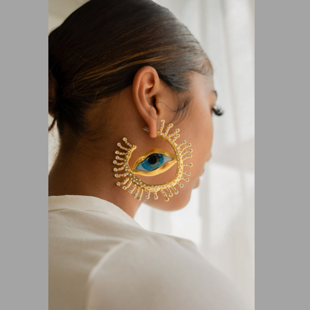 Evil Eye Sun Blue Brown Mismatch Color 18K Gold Cubic Zirconia Statement Hoop Earring For Women