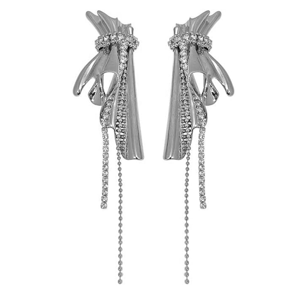 Ribbon Silver Cubic Zirconia Anti Tarnish Dangler Tassel Earring Bulk