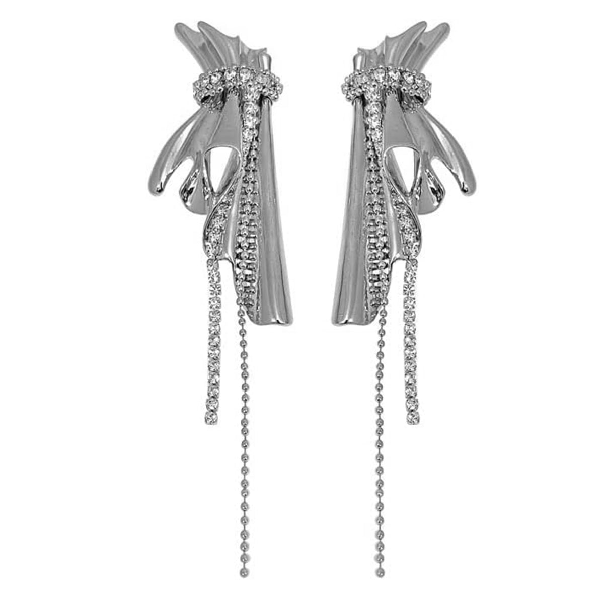 Ribbon Silver Cubic Zirconia Anti Tarnish Dangler Tassel Earring Bulk