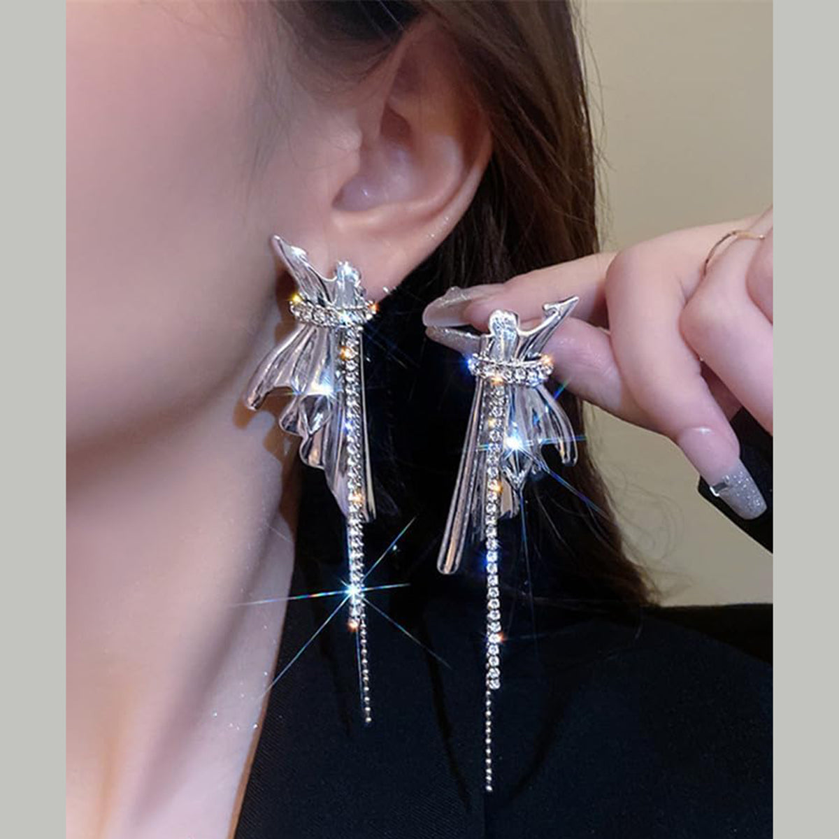 Ribbon Silver Cubic Zirconia Anti Tarnish Dangler Tassel Earring Bulk Secondary image