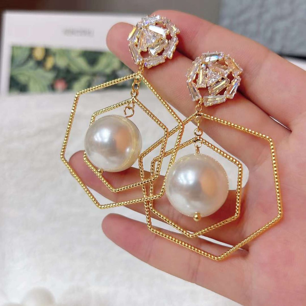Dual Hexagon White 18K Gold CZ Pearl Anti Tarnish Dangler Earring Bulk Main image