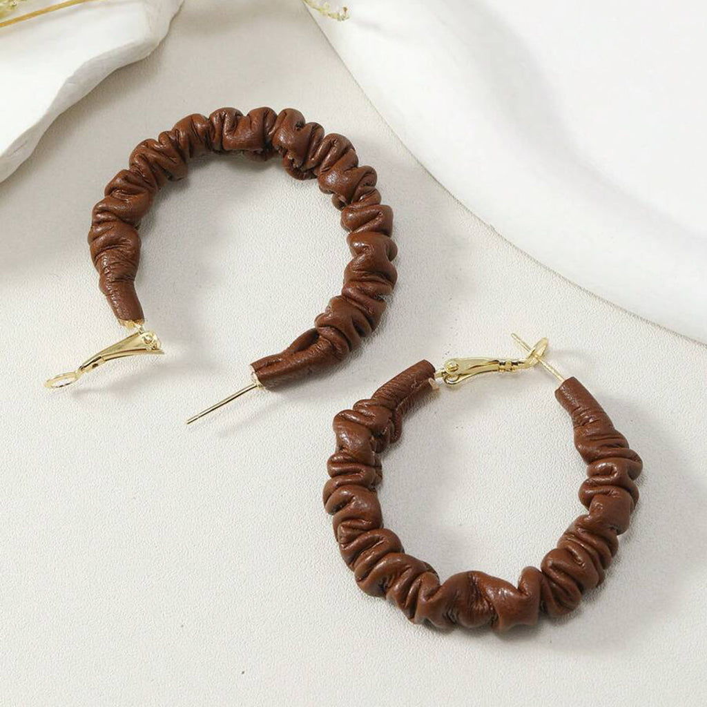 Chocolate Brown 18K Gold Leather Anti Tarnish Hoop Earring Women Bulk