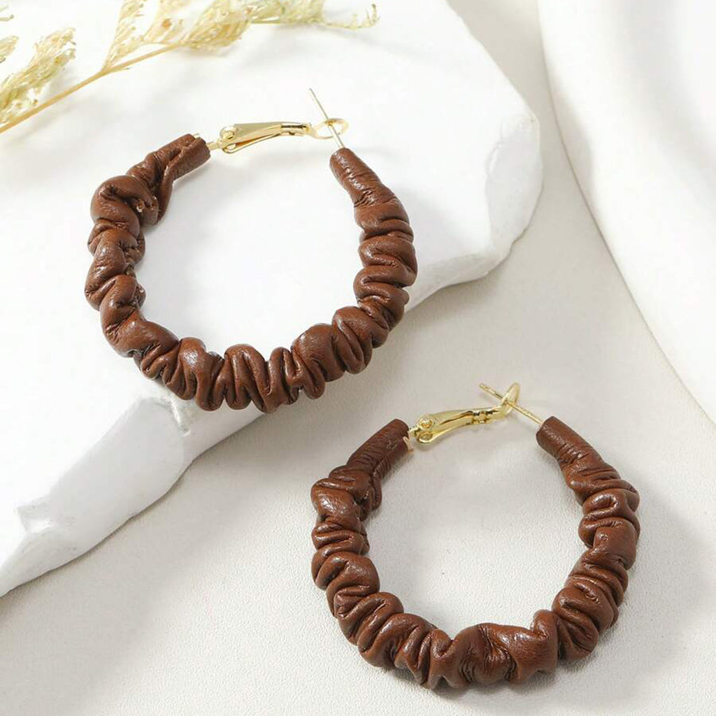 Chocolate Brown 18K Gold Leather Anti Tarnish Hoop Earring Women Bulk