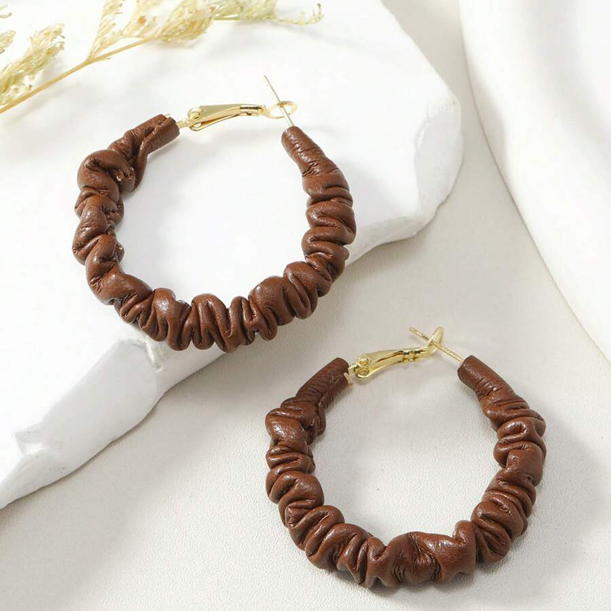 Chocolate Brown 18K Gold Leather Anti Tarnish Hoop Earring Women Bulk