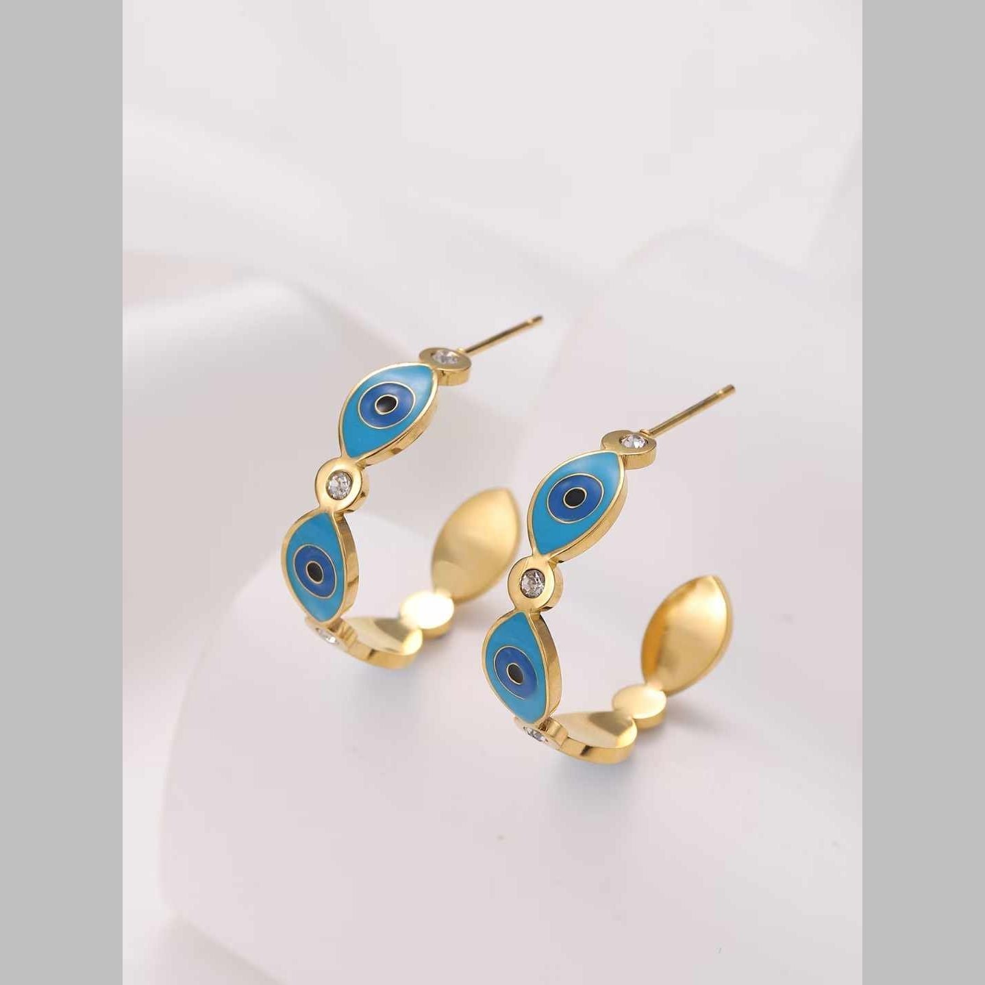 Evil Eye CZ Blue Gold Stainless Steel Anti Tarnish Hoop Earring Bulk