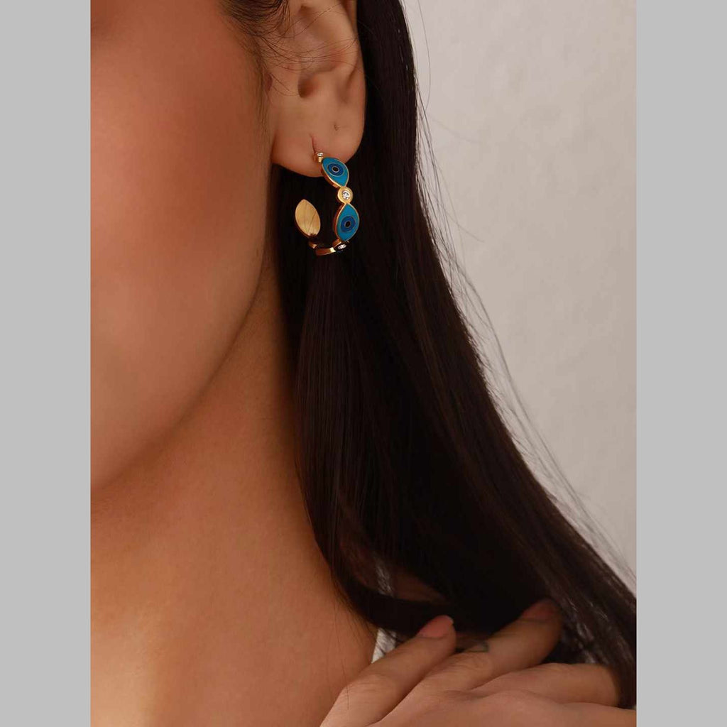 Evil Eye CZ Blue Gold Stainless Steel Anti Tarnish Hoop Earring Bulk