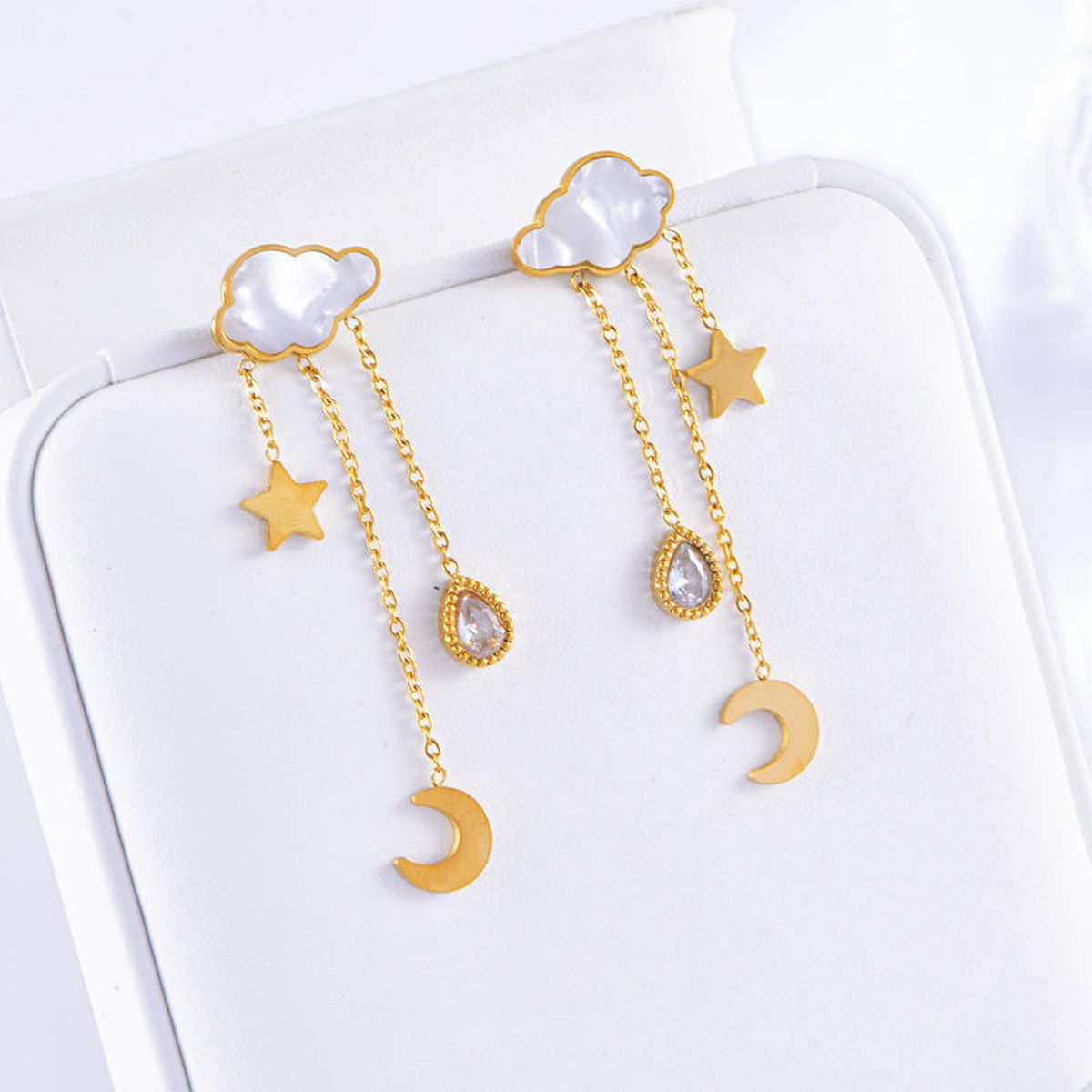 Crescent Star Cloud Cubic Zirconia Mother Of Pearl White 18K Gold Stainless Steel Anti Tarnish Dangler Tassel Earring For Women Main image