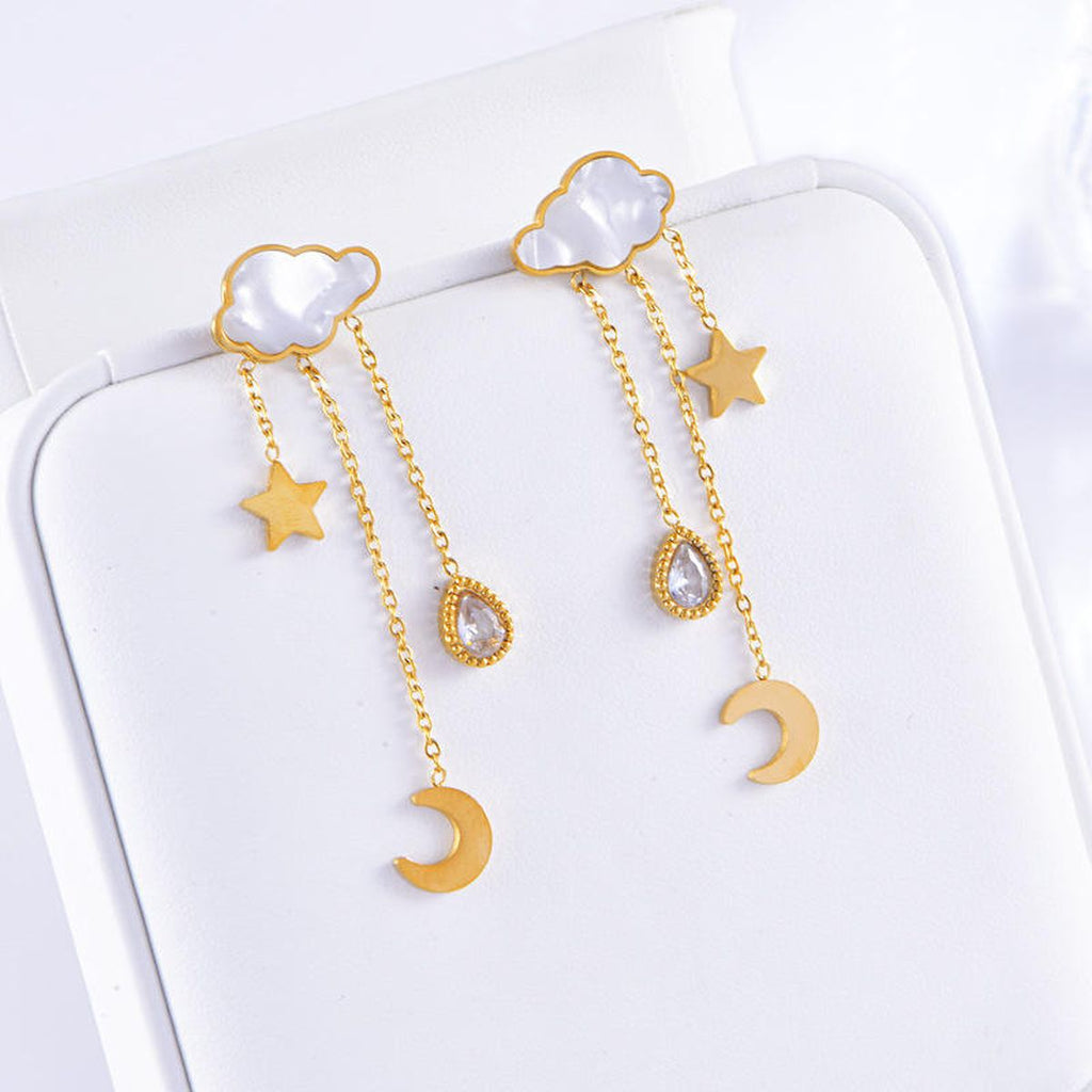 Crescent Star Cloud Cubic Zirconia Mother Of Pearl White 18K Gold Stainless Steel Anti Tarnish Dangler Tassel Earring For Women
