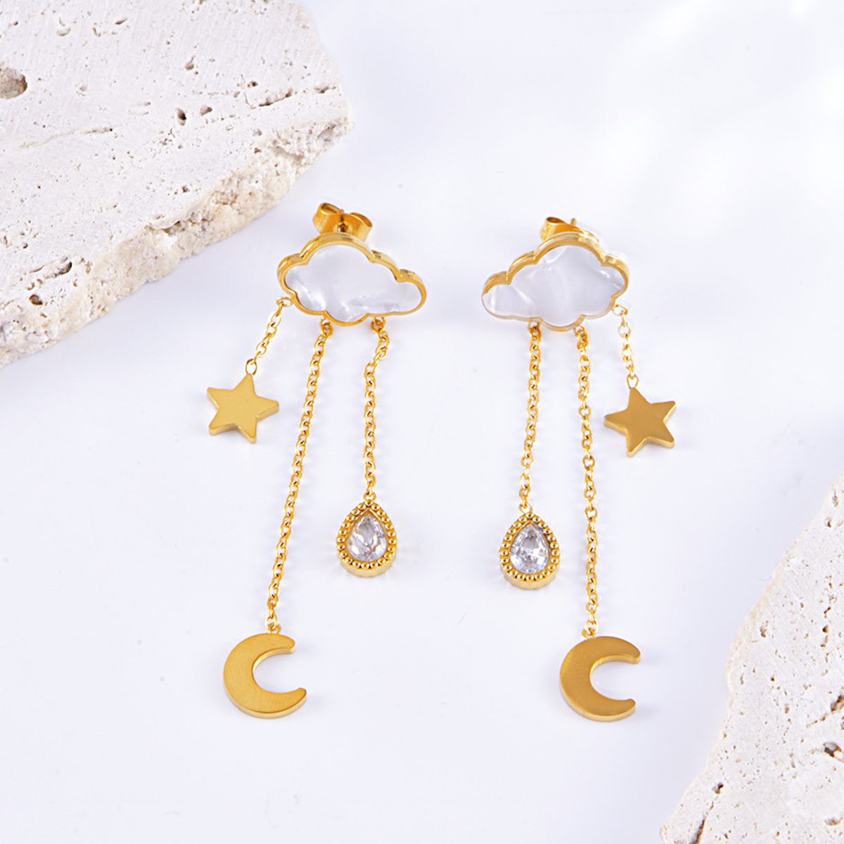 Crescent Star Cloud Cubic Zirconia Mother Of Pearl White 18K Gold Stainless Steel Anti Tarnish Dangler Tassel Earring For Women Secondary image