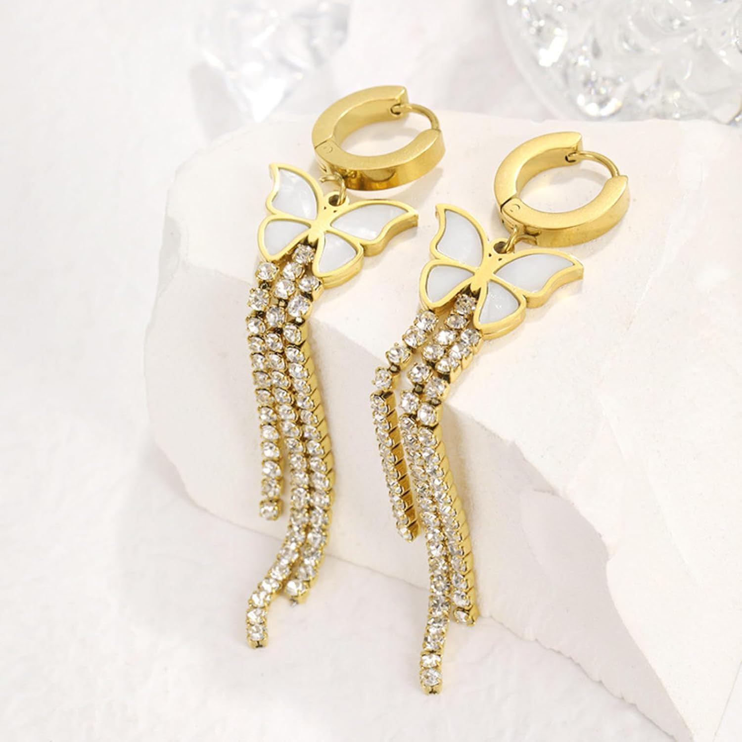 Butterfly Solitaire Cubic Zirconia Mother Of Pearl White 18K Gold Stainless Steel Anti Tarnish Dangler Tassel Earring For Women Main image