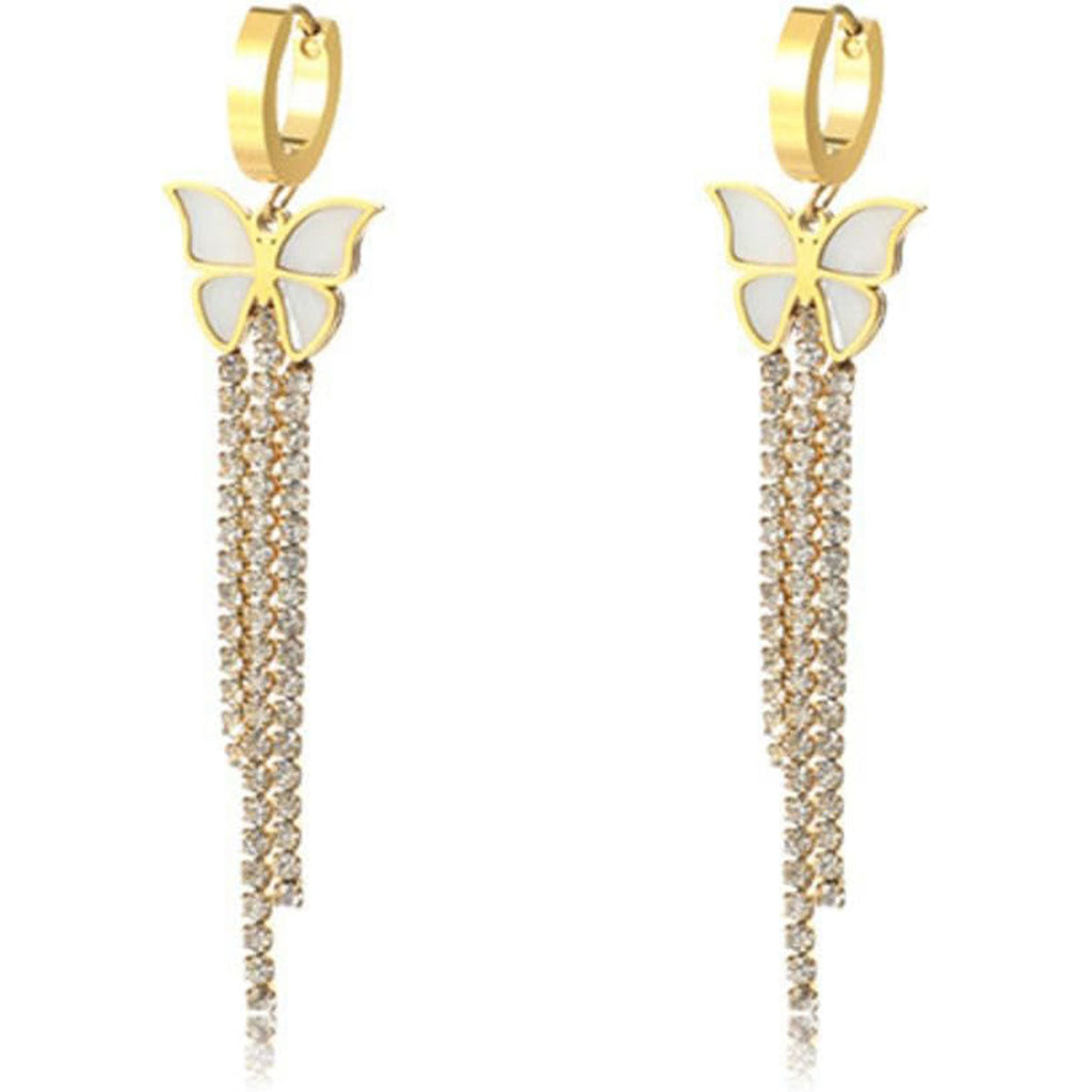 Butterfly Solitaire Cubic Zirconia Mother Of Pearl White 18K Gold Stainless Steel Anti Tarnish Dangler Tassel Earring For Women