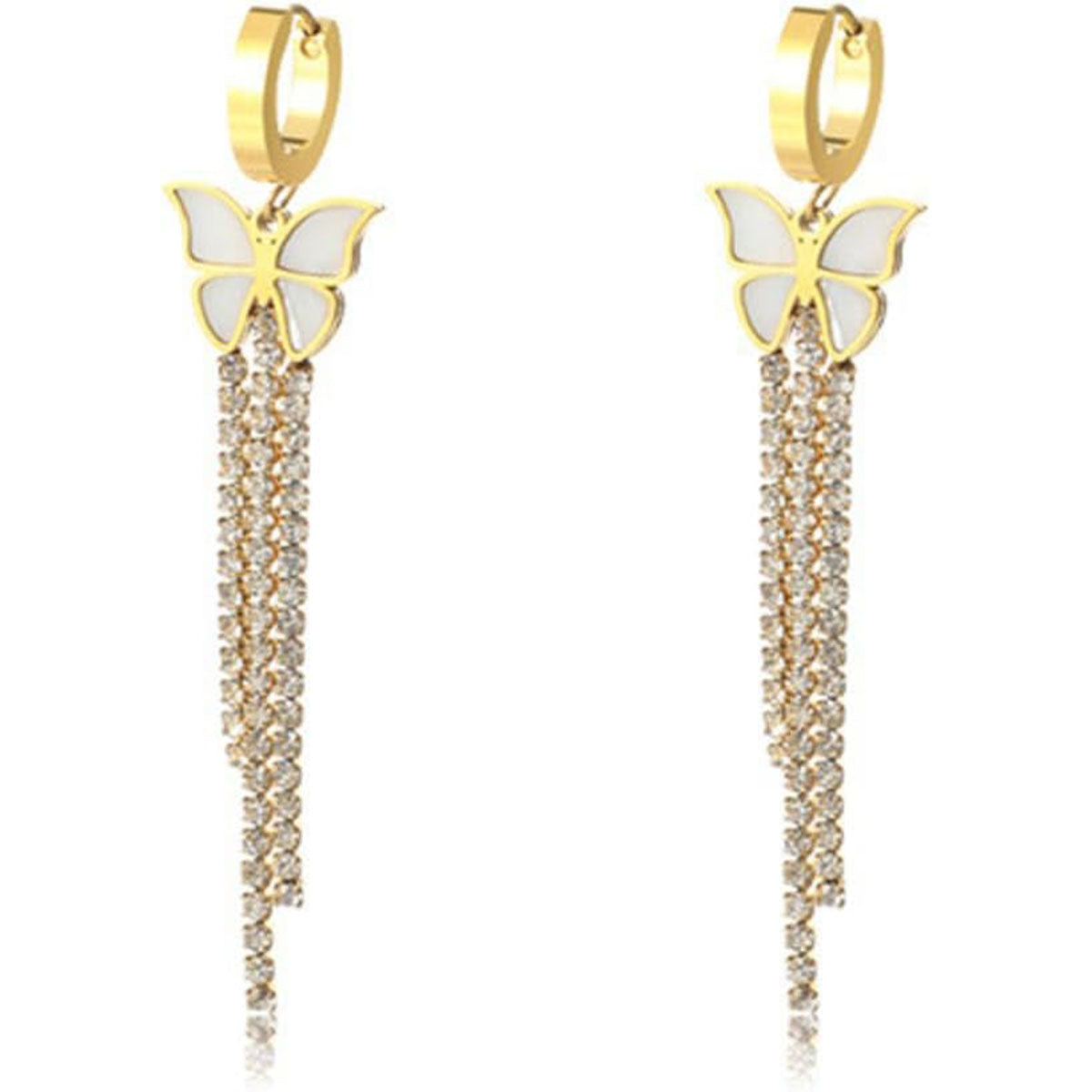 Butterfly Solitaire Cubic Zirconia Mother Of Pearl White 18K Gold Stainless Steel Anti Tarnish Dangler Tassel Earring For Women
