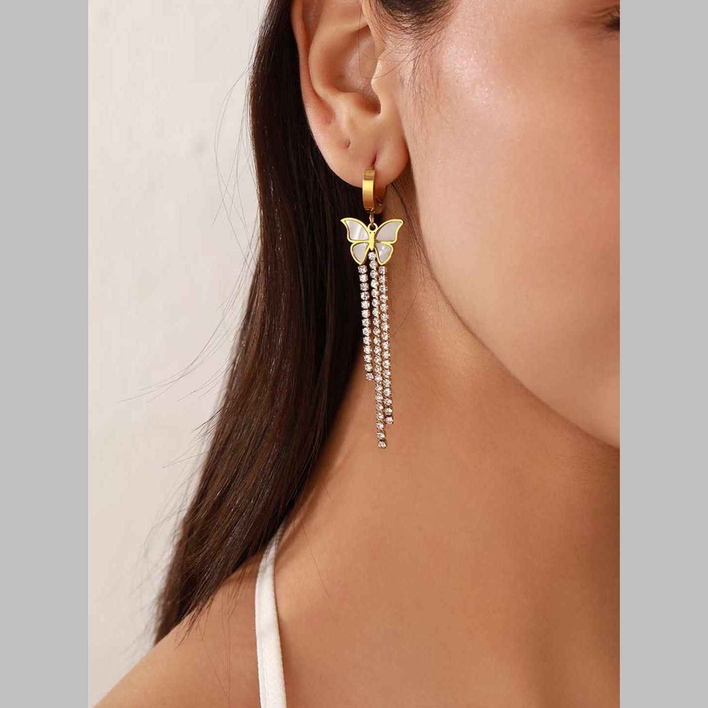 Butterfly Solitaire Cubic Zirconia Mother Of Pearl White 18K Gold Stainless Steel Anti Tarnish Dangler Tassel Earring For Women Secondary image