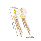Clover Flower Solitaire Cubic Zirconia Mother Of Pearl White 18K Gold Stainless Steel Anti Tarnish Dangler Tassel Earring For Women