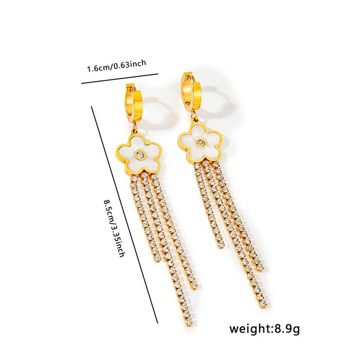 Clover Flower Solitaire Cubic Zirconia Mother Of Pearl White 18K Gold Stainless Steel Anti Tarnish Dangler Tassel Earring For Women