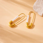 Safety Pin Pearl White 18K Gold Stainless Steel Anti Tarnish Dangler Stud Earring For Women