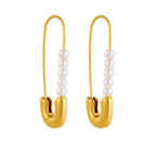 Safety Pin Pearl White 18K Gold Stainless Steel Anti Tarnish Dangler Stud Earring For Women