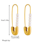 Safety Pin Pearl White 18K Gold Stainless Steel Anti Tarnish Dangler Stud Earring For Women