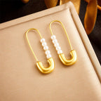 Safety Pin Pearl White 18K Gold Stainless Steel Anti Tarnish Dangler Stud Earring For Women