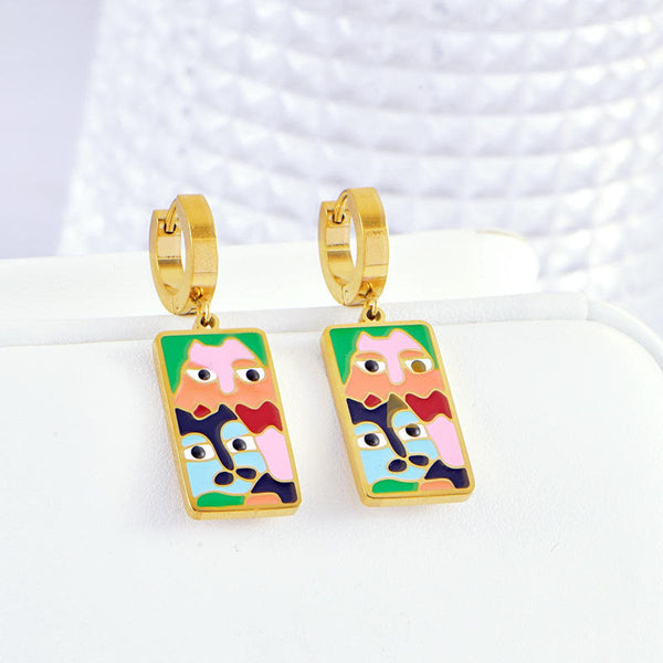 Cartoon Face Enamel Multicolour 18K Gold Stainless Steel Anti Tarnish Dangler Hoop Earring For Kids Women Main image