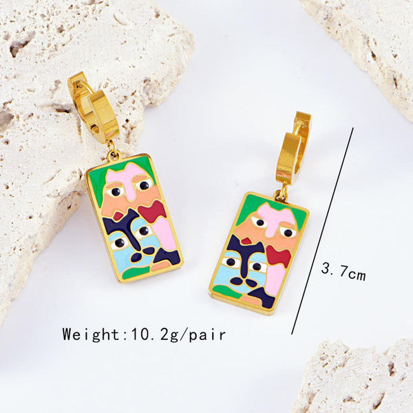 Cartoon Face Enamel Multicolour 18K Gold Stainless Steel Anti Tarnish Dangler Hoop Earring For Kids Women Secondary image