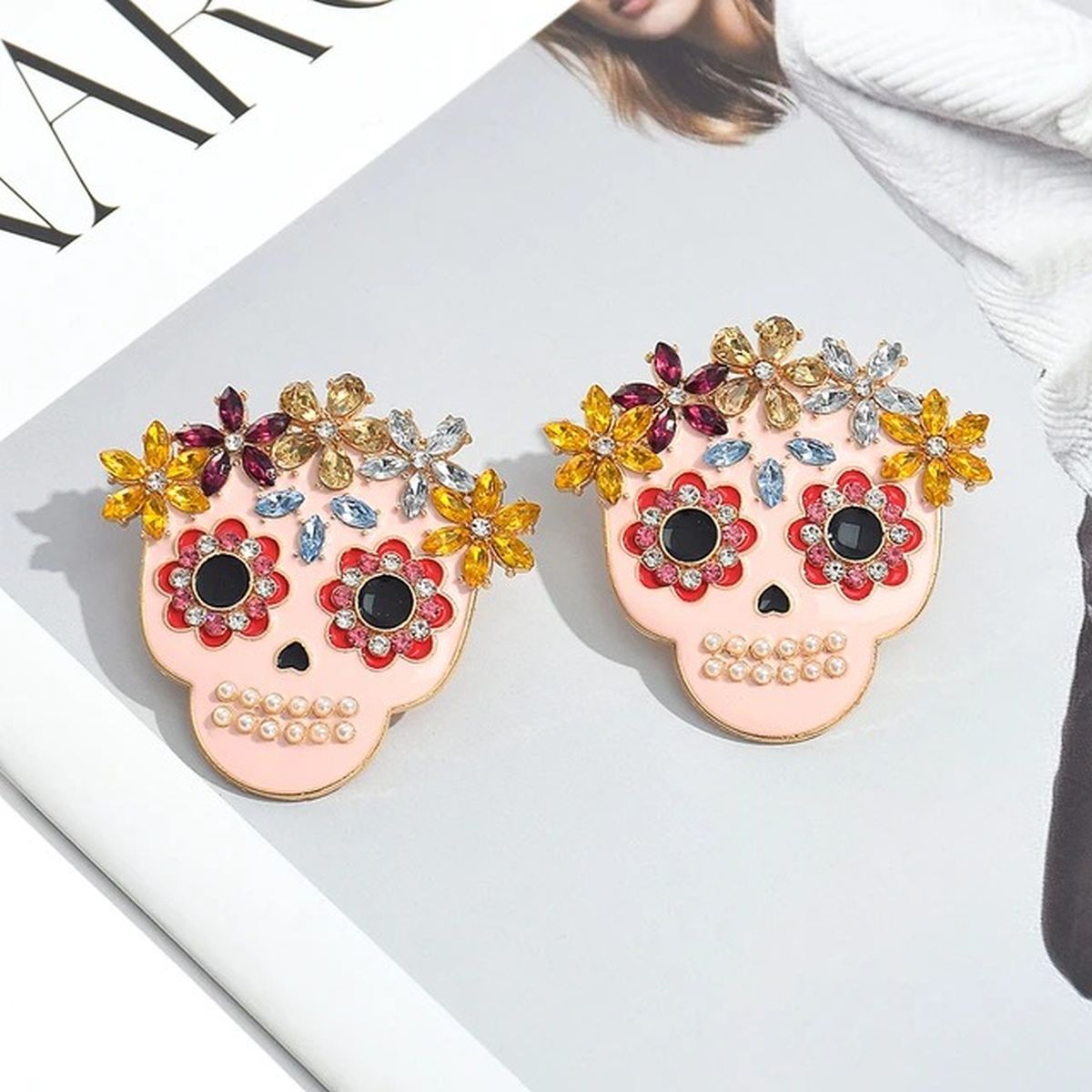 Rainbow Flower Skull Crystal Pearl Pink Multicolour 18K Gold Alloy Dangler Earring For Women Main image