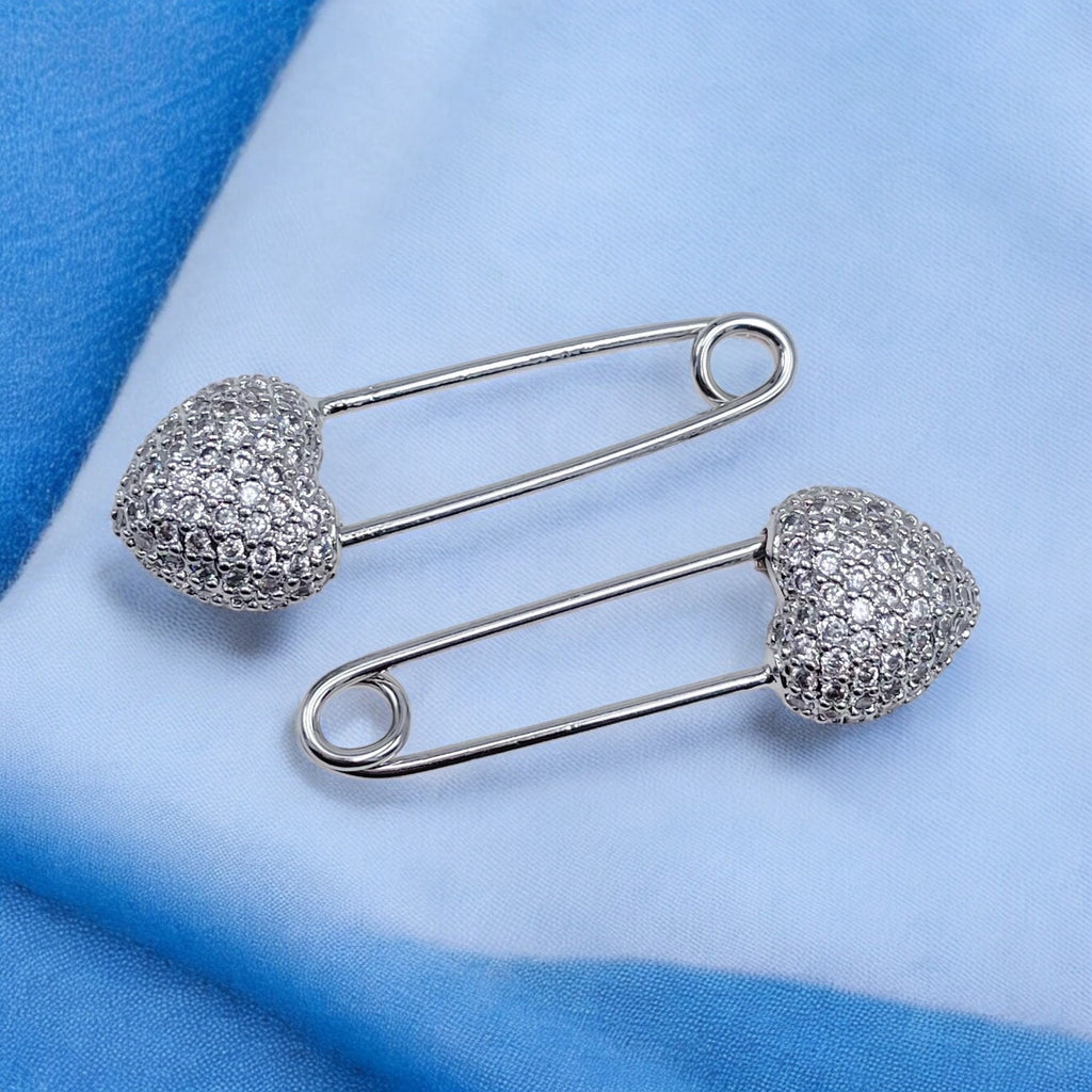 Safety Pin Heart Cubic Zirconia Silver Anti Tarnish Stud Earring Bulk