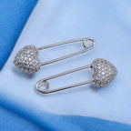 Safety Pin Heart Cubic Zirconia Silver Anti Tarnish Stud Earring Bulk