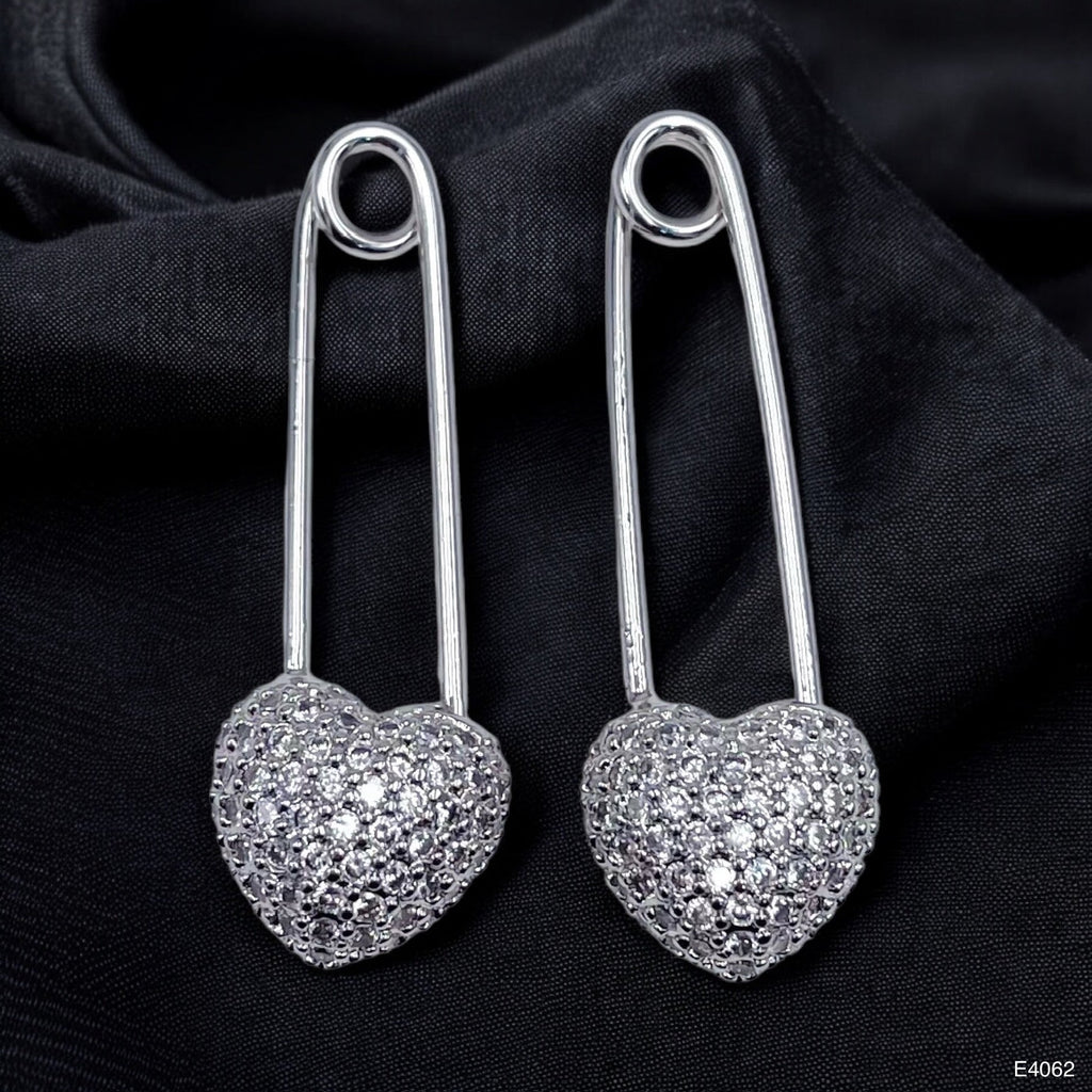 Safety Pin Heart Cubic Zirconia Silver Anti Tarnish Stud Earring Bulk