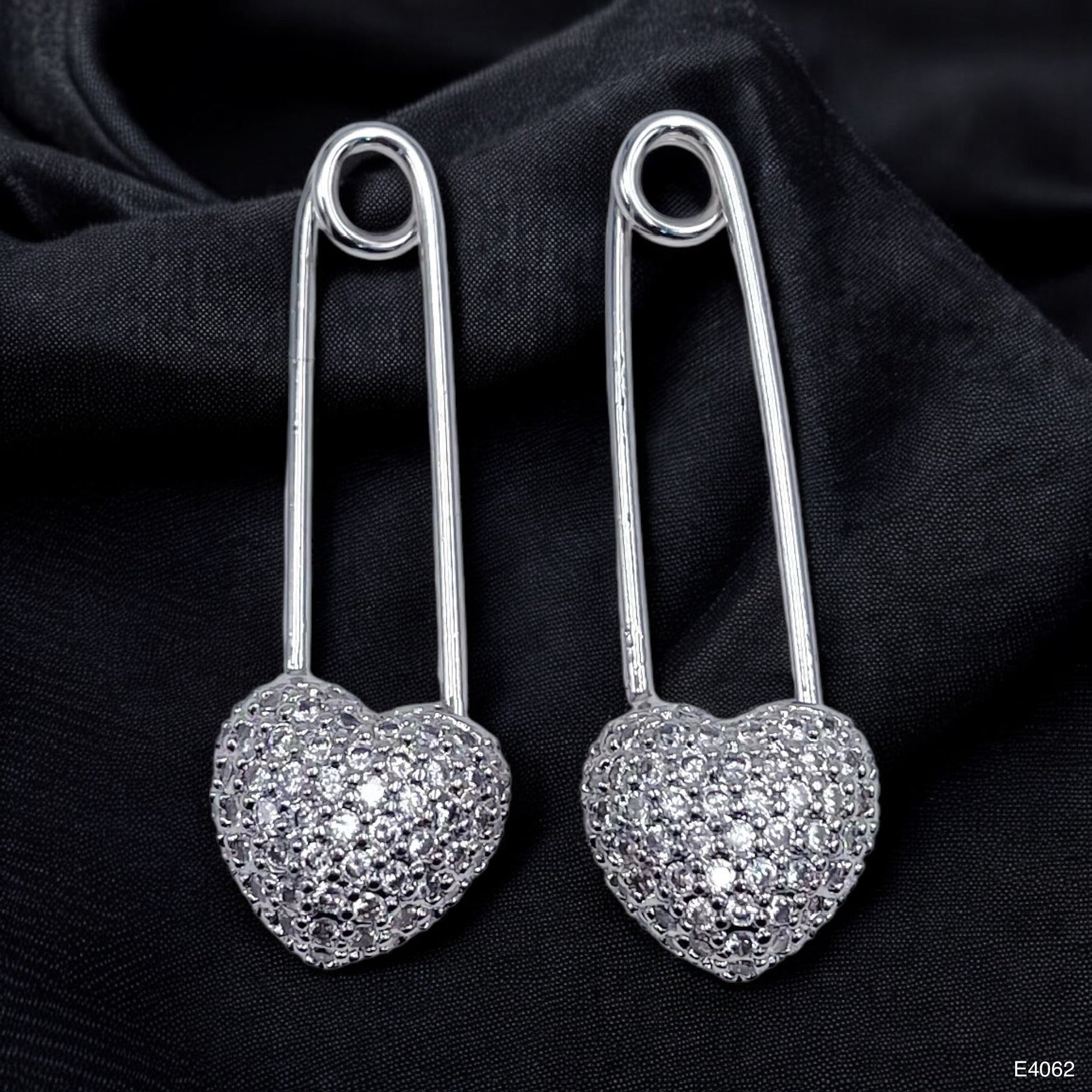 Safety Pin Heart Cubic Zirconia Silver Anti Tarnish Stud Earring Bulk