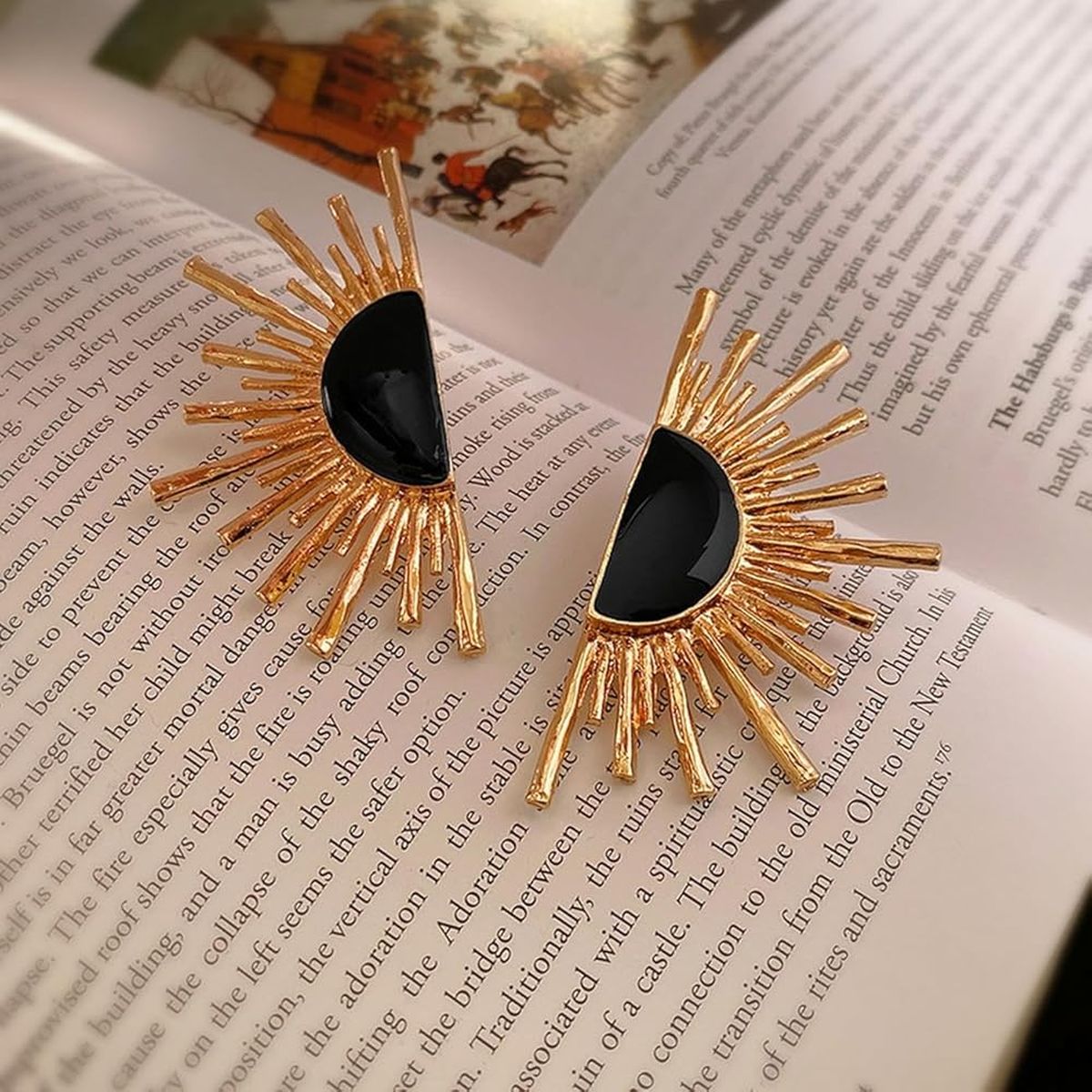 Rising Sun Enamel Black 18K Gold Alloy Dangler Stud Earring Women Bulk