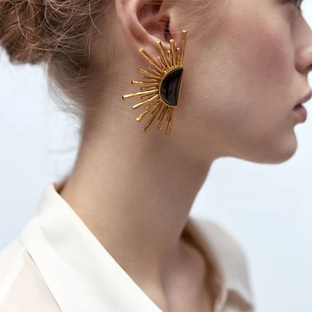 Rising Sun Enamel Black 18K Gold Alloy Dangler Stud Earring Women Bulk