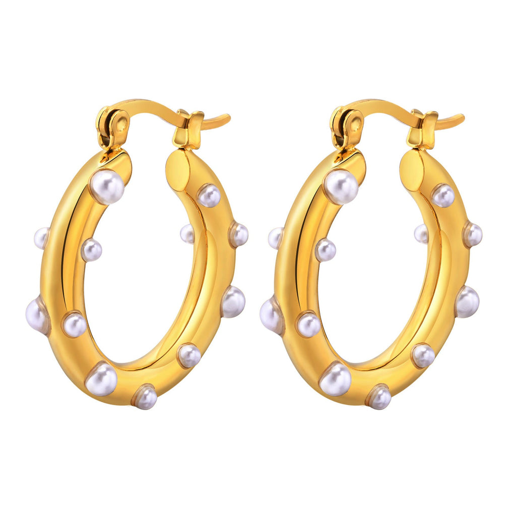 Oval Studded Pearl 18K Gold Anti Tarnish Hoop Earring For Women Bulk