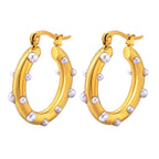 Oval Studded Pearl 18K Gold Anti Tarnish Hoop Earring For Women Bulk