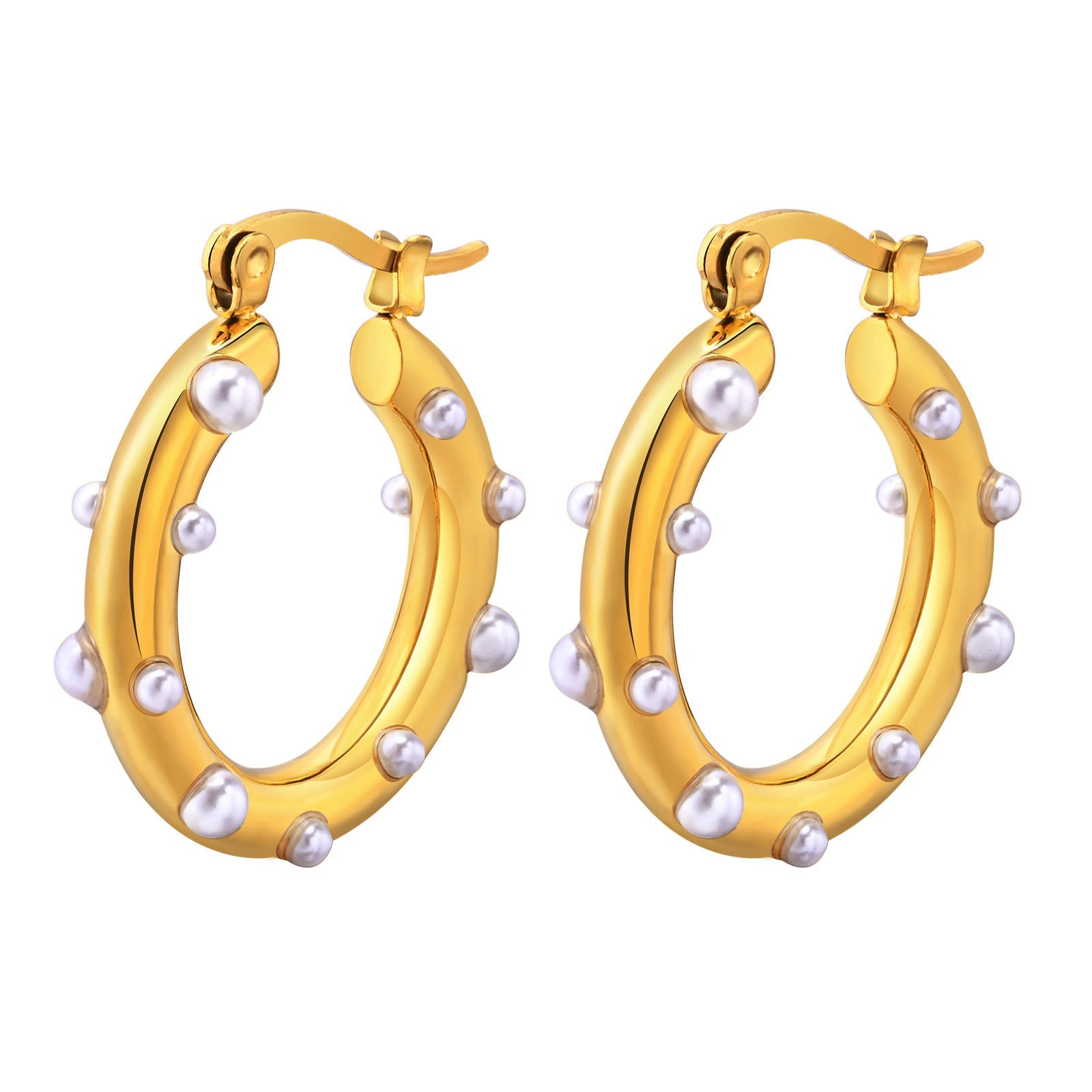 Oval Studded Pearl 18K Gold Anti Tarnish Hoop Earring For Women Bulk