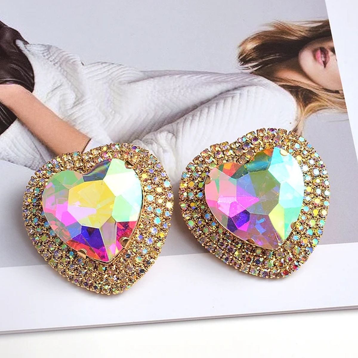 Heart Multicolor Rhinestone 18K Gold Anti Tarnish Stud Earring Bulk Main image