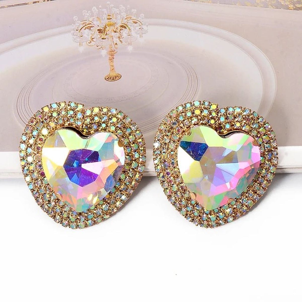 Heart Multicolor Rhinestone 18K Gold Anti Tarnish Stud Earring Bulk