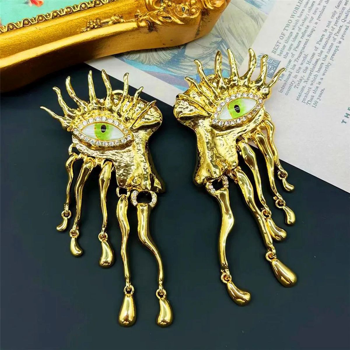Statement Eyelash Evil Eye Cubic Zirconia Green 18K Gold Anti Tarnish Dangler Earring For Women Main image