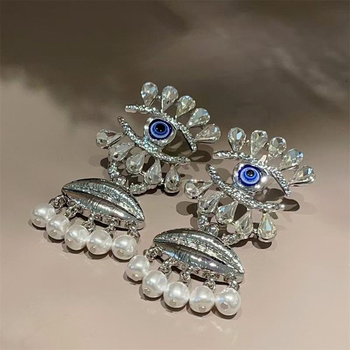 Eyelash Evil Eye Lips Cubic Zirconia Pearl Blue White 18K Gold Anti Tarnish Dangler Earring For Women Secondary image