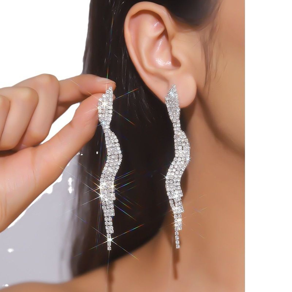 Wave Rhinestone Silver Anti Tarnish Tassel Dangler Earring Women Bulk Secondary image