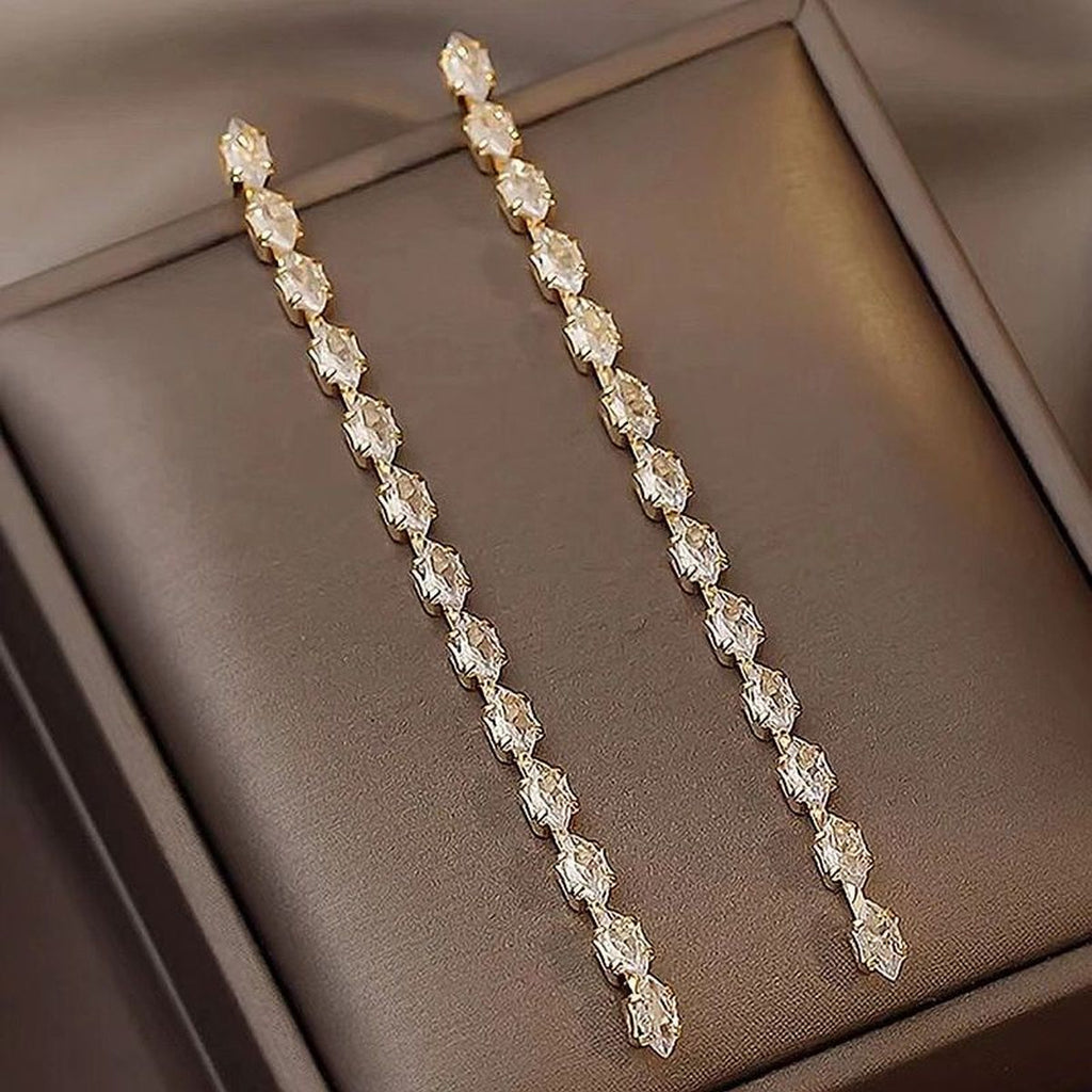 Vertical Solitaire Rhinestone 18K Gold Anti Tarnish Tassel Dangler Earring For Women