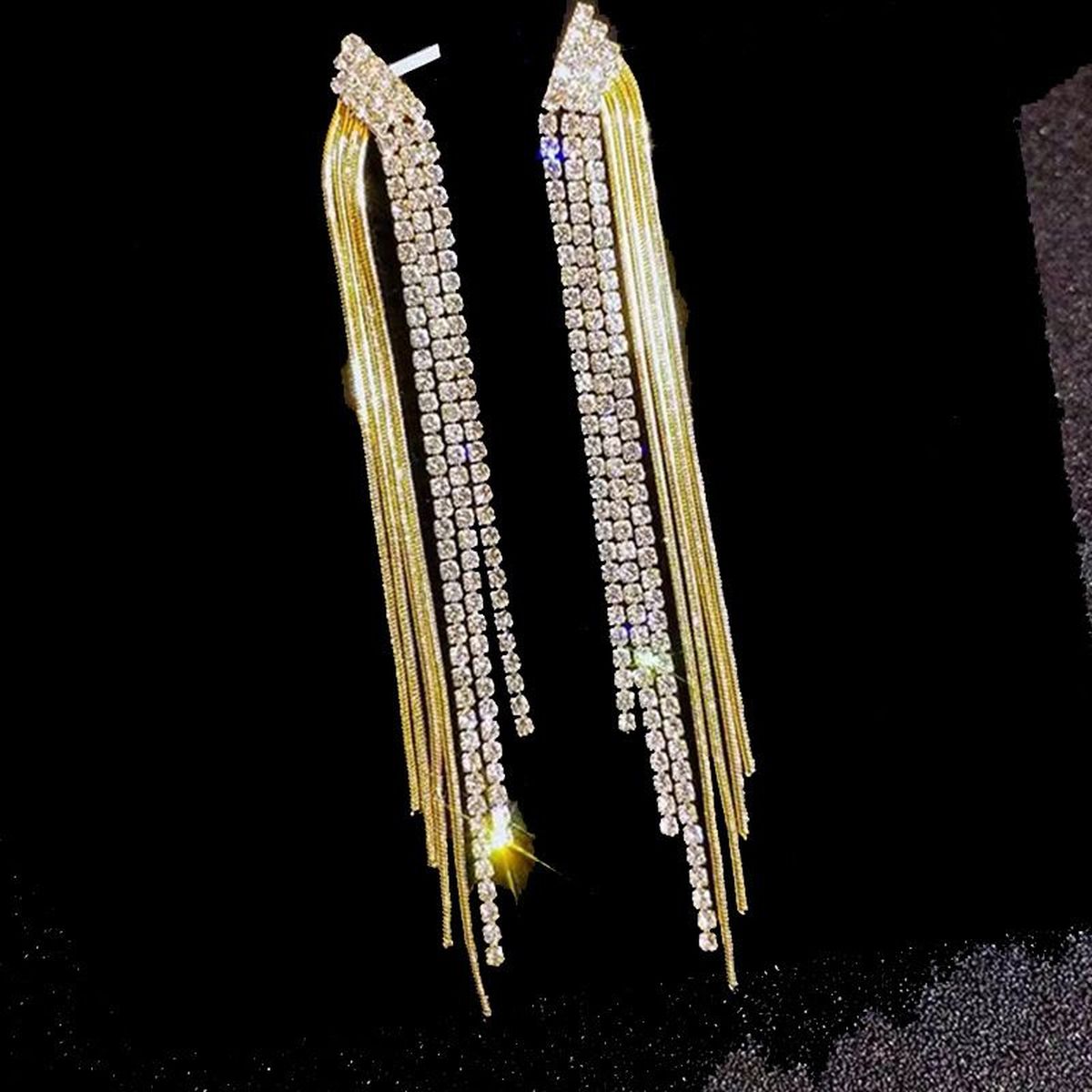 Box Chain Layer Rhinestone 18K Gold Anti Tarnish Long Tassel Dangler Earring For Women Main image