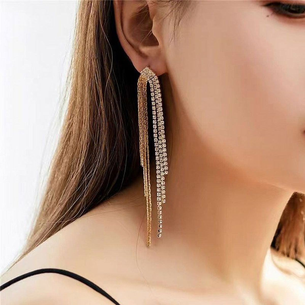 Box Chain Layer Rhinestone 18K Gold Anti Tarnish Long Tassel Dangler Earring For Women