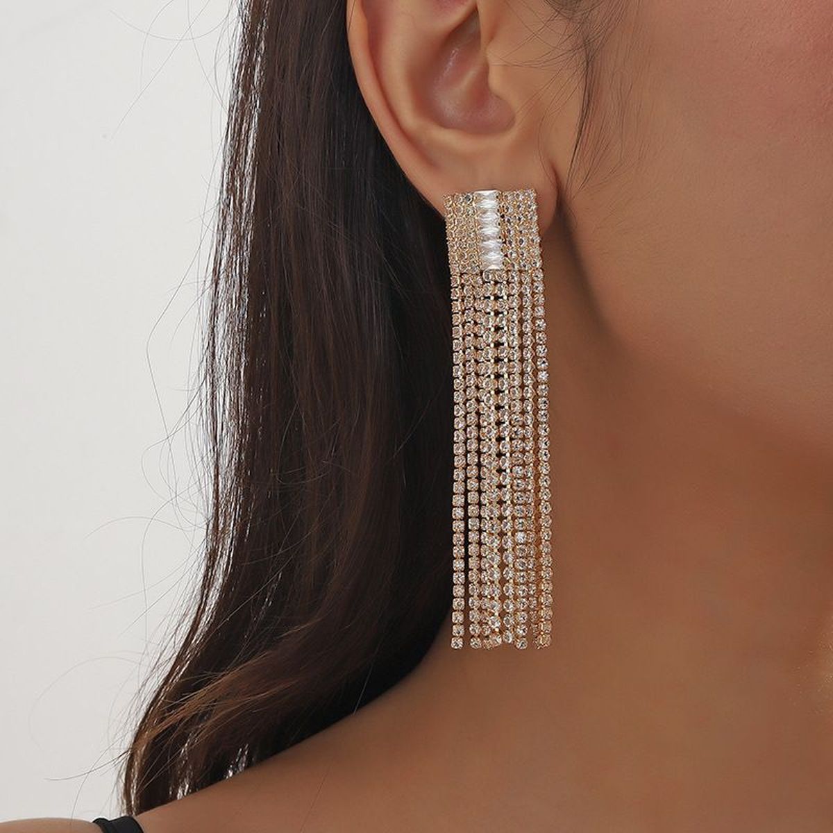 Baguette Solitaire Layer Rhinestone 18K Gold Anti Tarnish Tassel Dangler Earring For Women Secondary image