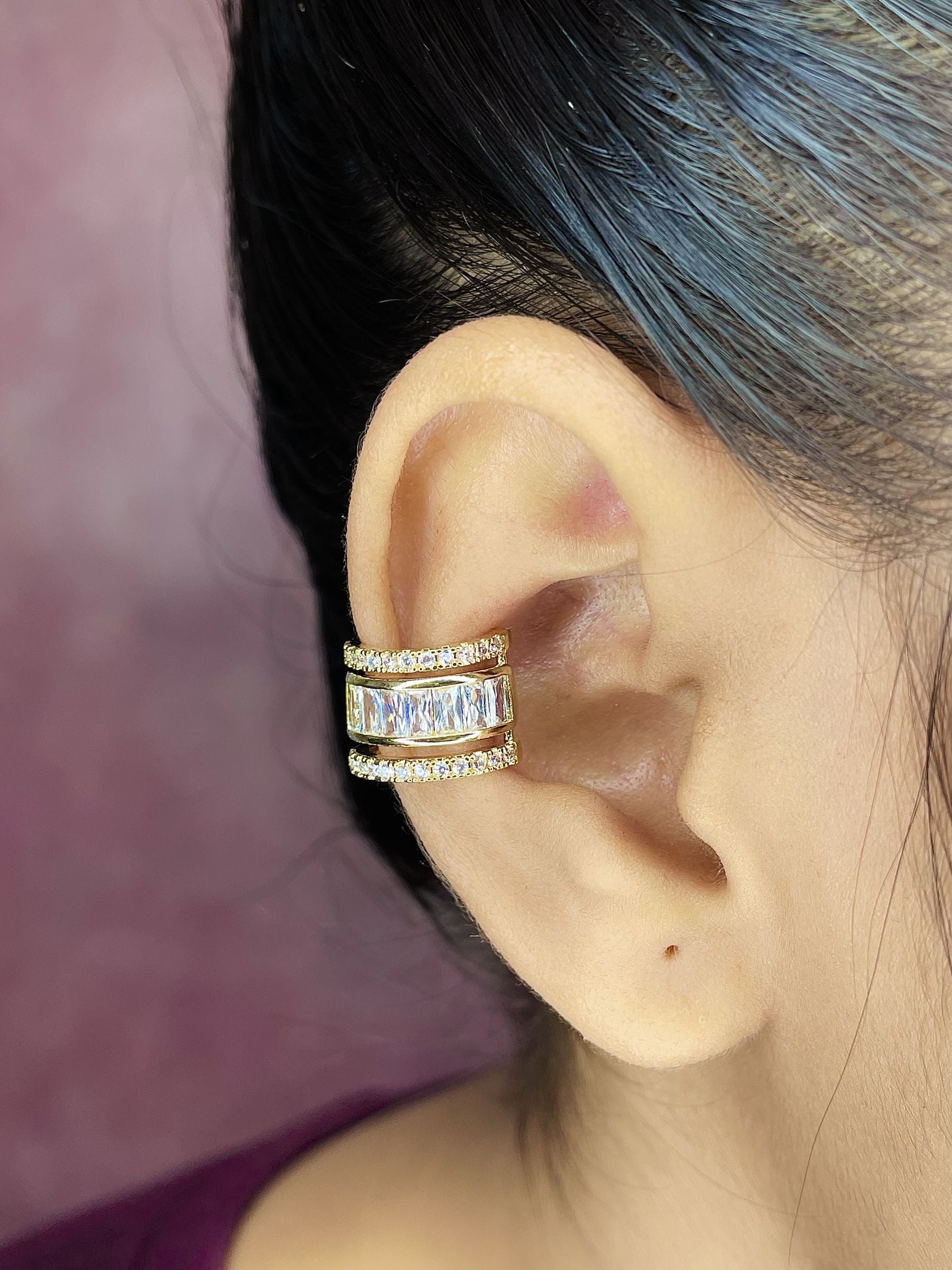 Baguette Layer CZ 18K Gold Anti Tarnish Single Ear Cuff Earring Bulk